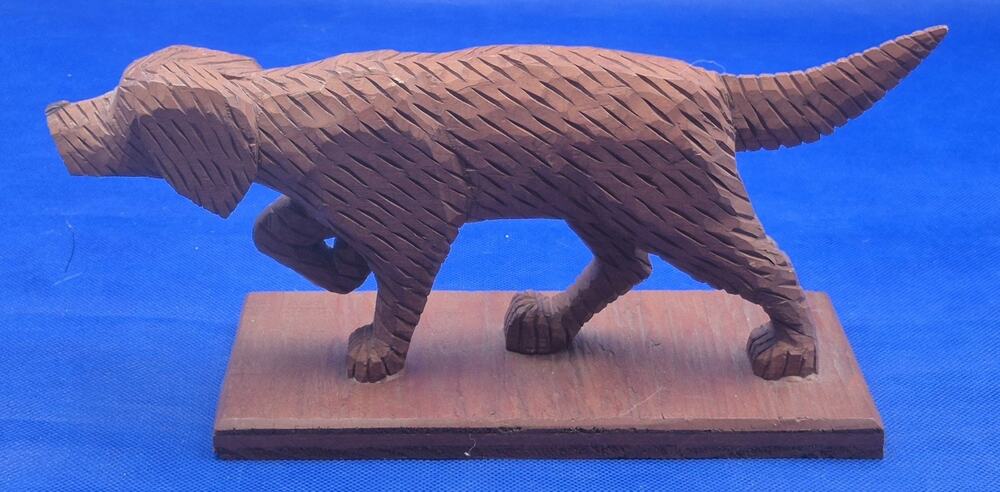 Vintage Handcarved Wood Folk Art Hunting Dog Sculpture on Base Signed 11x5x3.5"